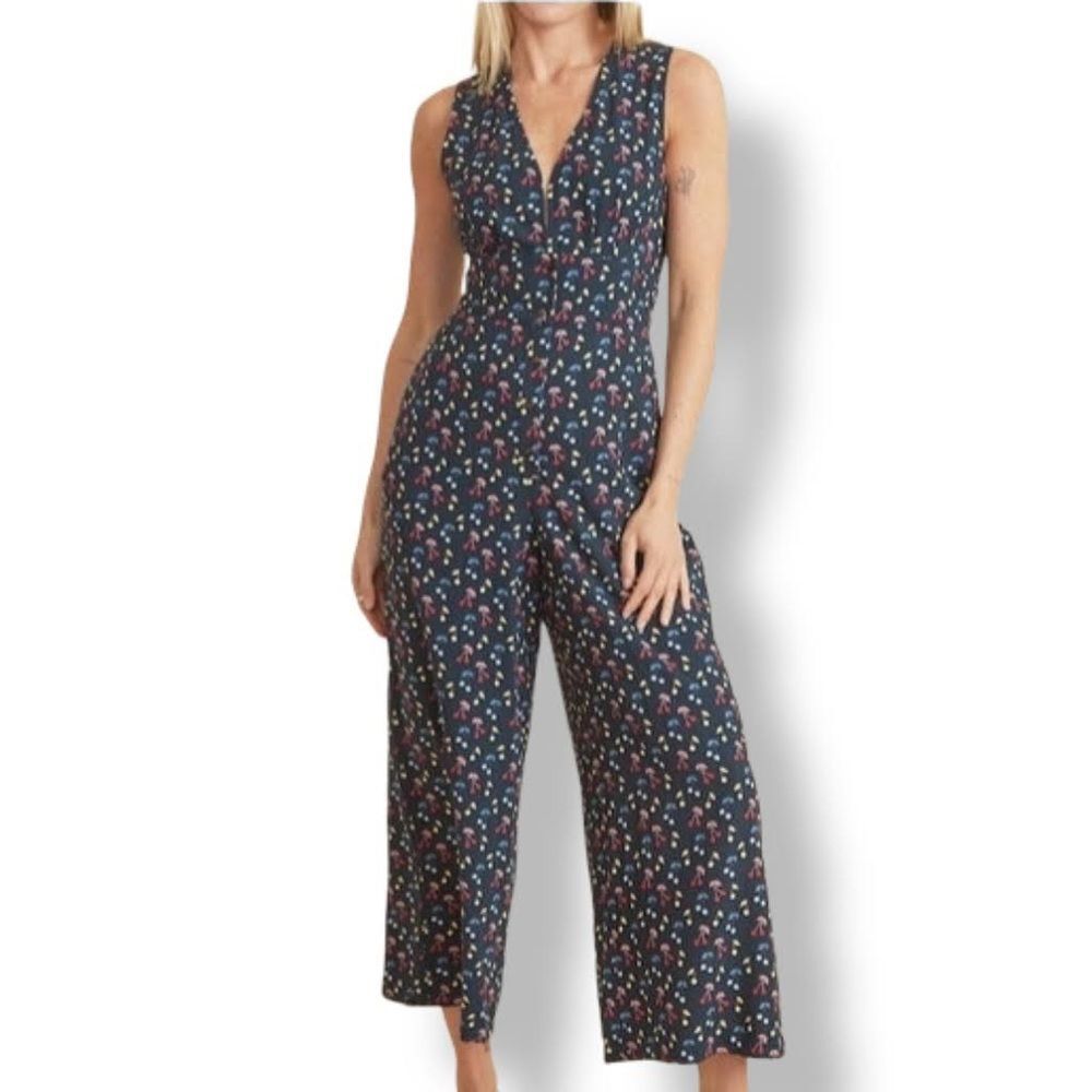 Marine Layer Holli Navy Cherry Print Wide Leg Cropped Jumpsuit XS - Picture 2 of 13